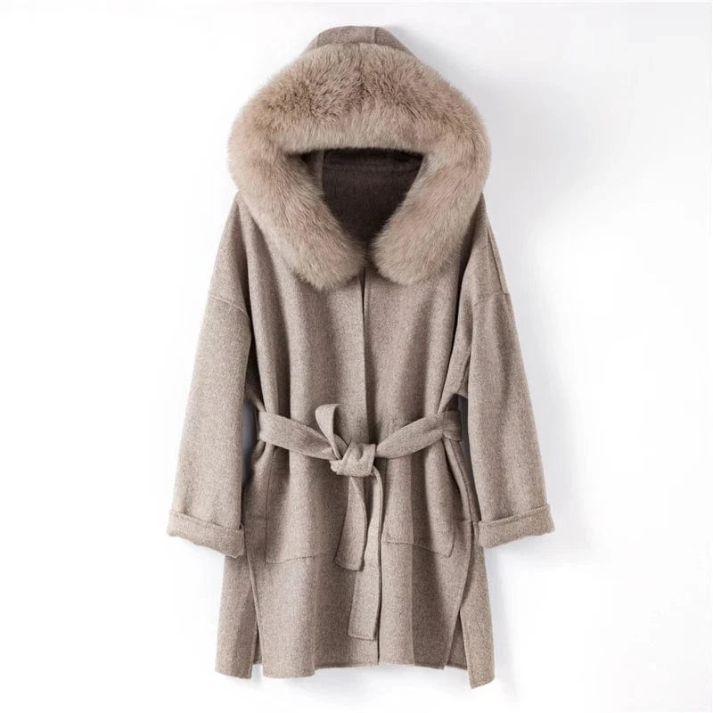 M / Khaki women genuine wool fur coat winter female lady elegant fox fur collar hooded long jacket overcoat trench plus size TX205602