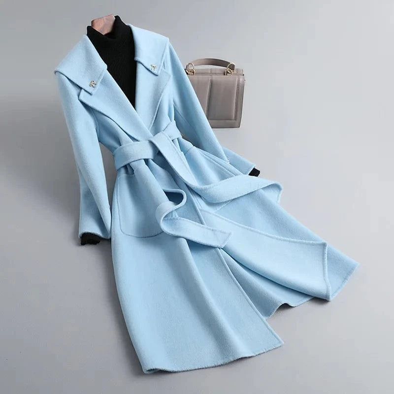 M / Light Blue 2023 Long Oversized Wool Cashmere Coat Korean Casual Mink Fur Coat With Belt