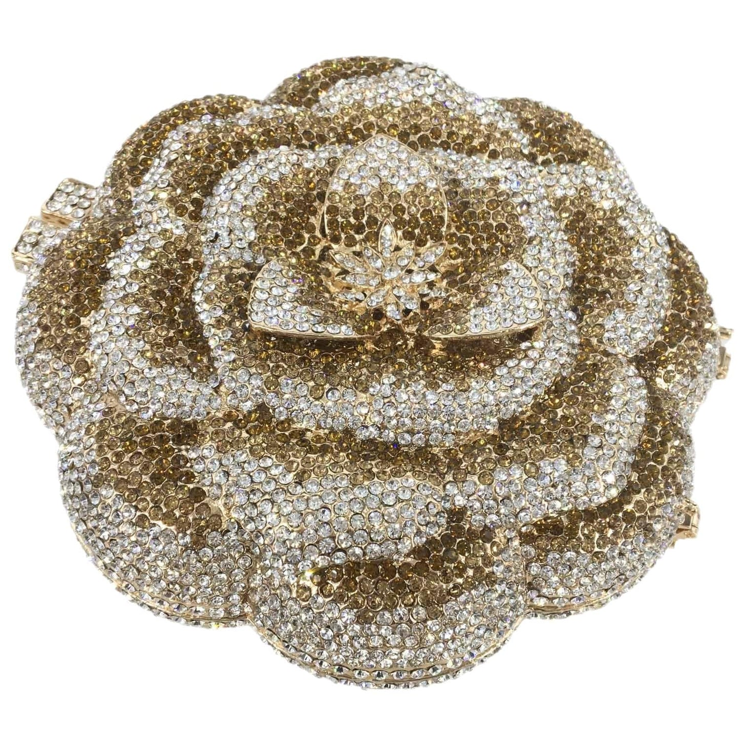 M / Light Gold 1 New Designer Luxury Flower Shape Crystal Rhinestone Party Clutch Evening Bag Hard Metal Round Bridal Purse