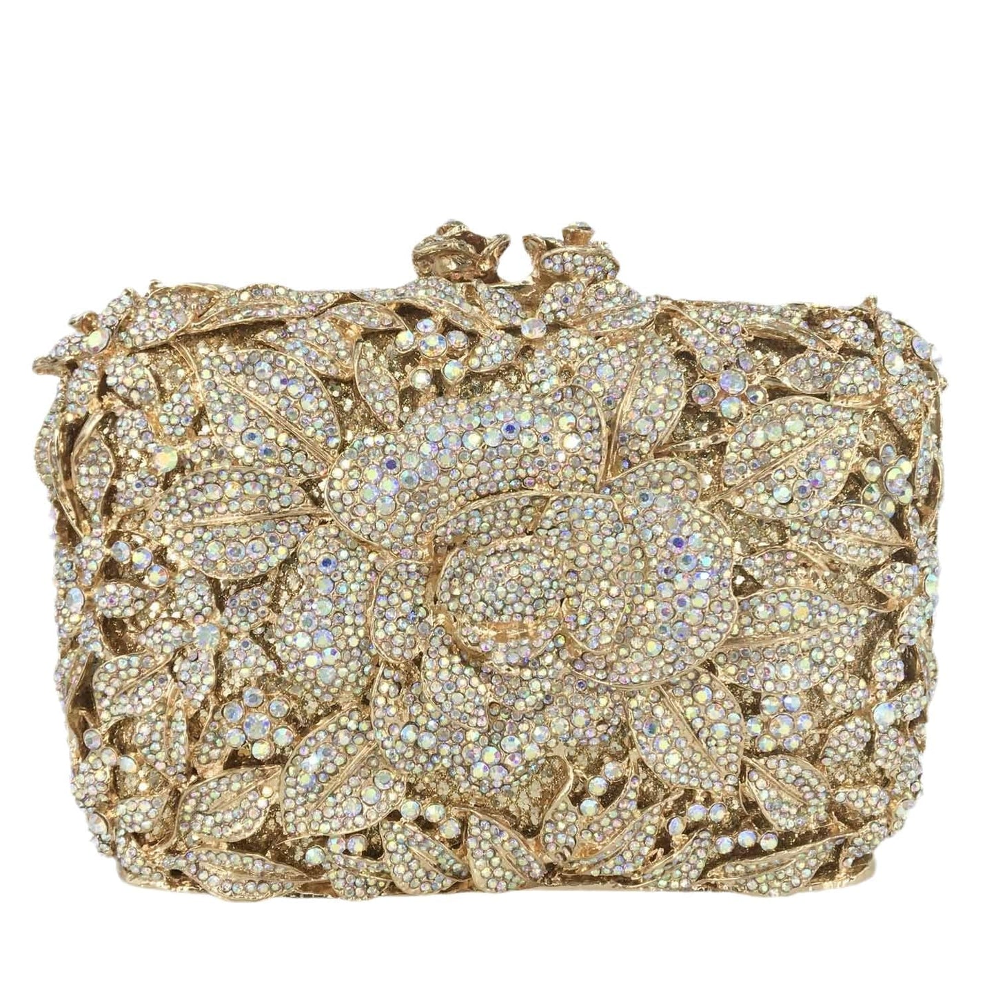 M / Light Gold Ladies Diamond Handbag Handmade Hollow Out Crystal Evening Bags Luxury Metal Frame Flower Clutch Bag Purse for Women