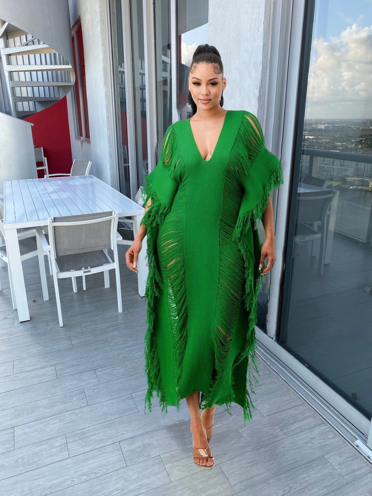 M / MINT Trendy Women Clothes Solid Color Manual Knitted Sheer Fringed Dress