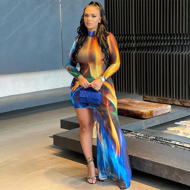M / multicolor Lagerfe Tie Dye Print Irregular Long Sleeve Mini Bodycon Women Dress New Fashion Elegant Ladies Evening Casual Party Clothes