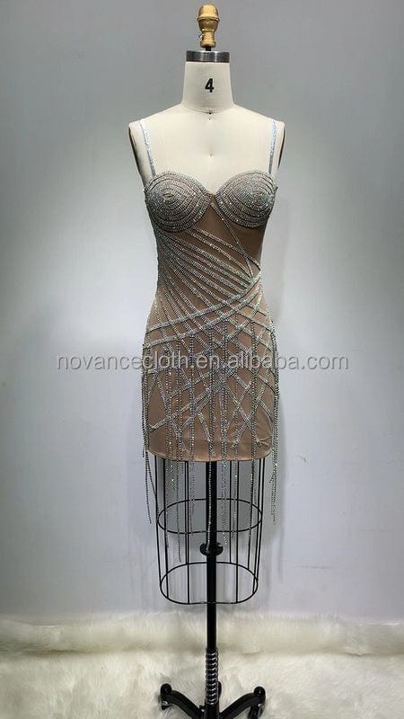 M / Nude NOCANCE F3145 trendy clothes sparking suspender diamonds shiny dresses red carpet dresses with diamond tassels for party