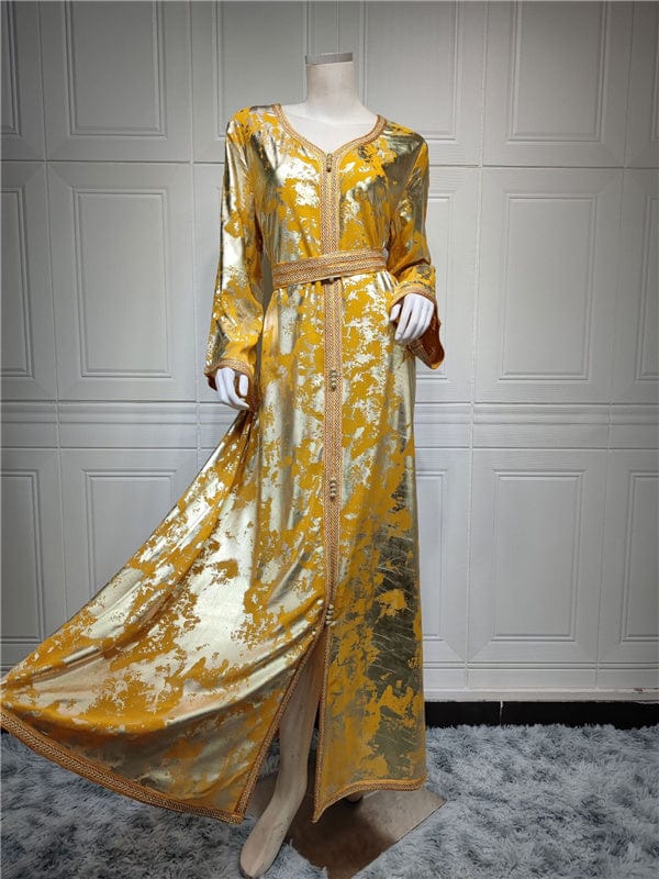 M / Orange Abaya Hotstamping New Woman Gold Blocking Printed Ladies Long Sleeves Elegant Robes Women Luxury Abaya With Belt