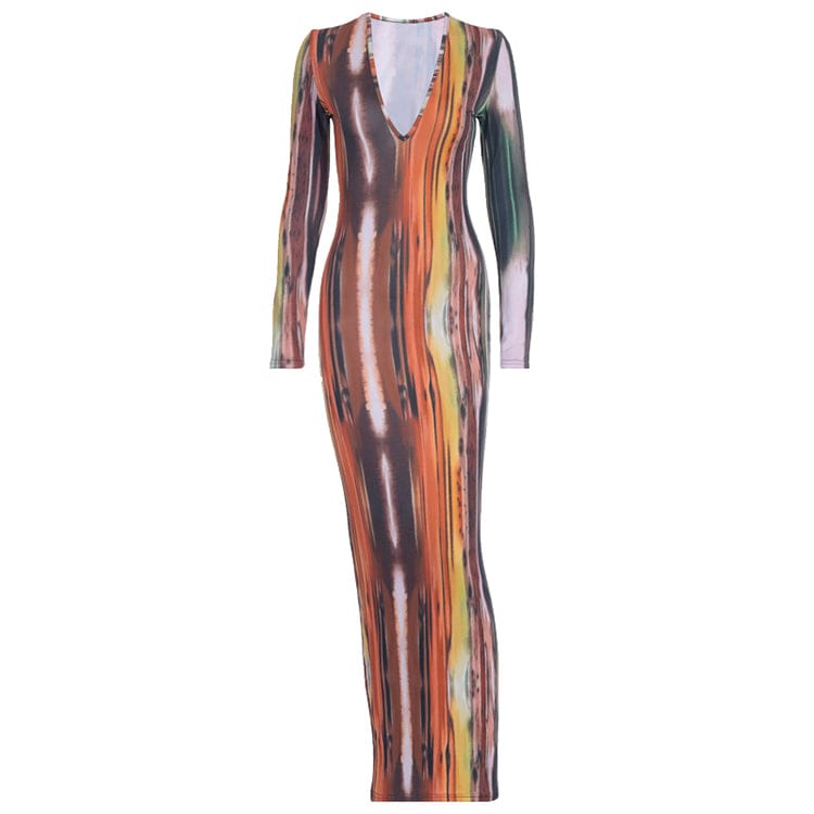 M / Orange Dresses Popular High Quality Spring Autumn Colorful Printed Ladies Party Dresses Long Sleeve Bodycon Casual Maxi Dress for Women