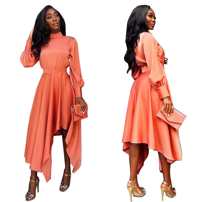 M / Orange H5521-2023 new arrivals long sleeve dresses lady casual fall irregular midi office dress