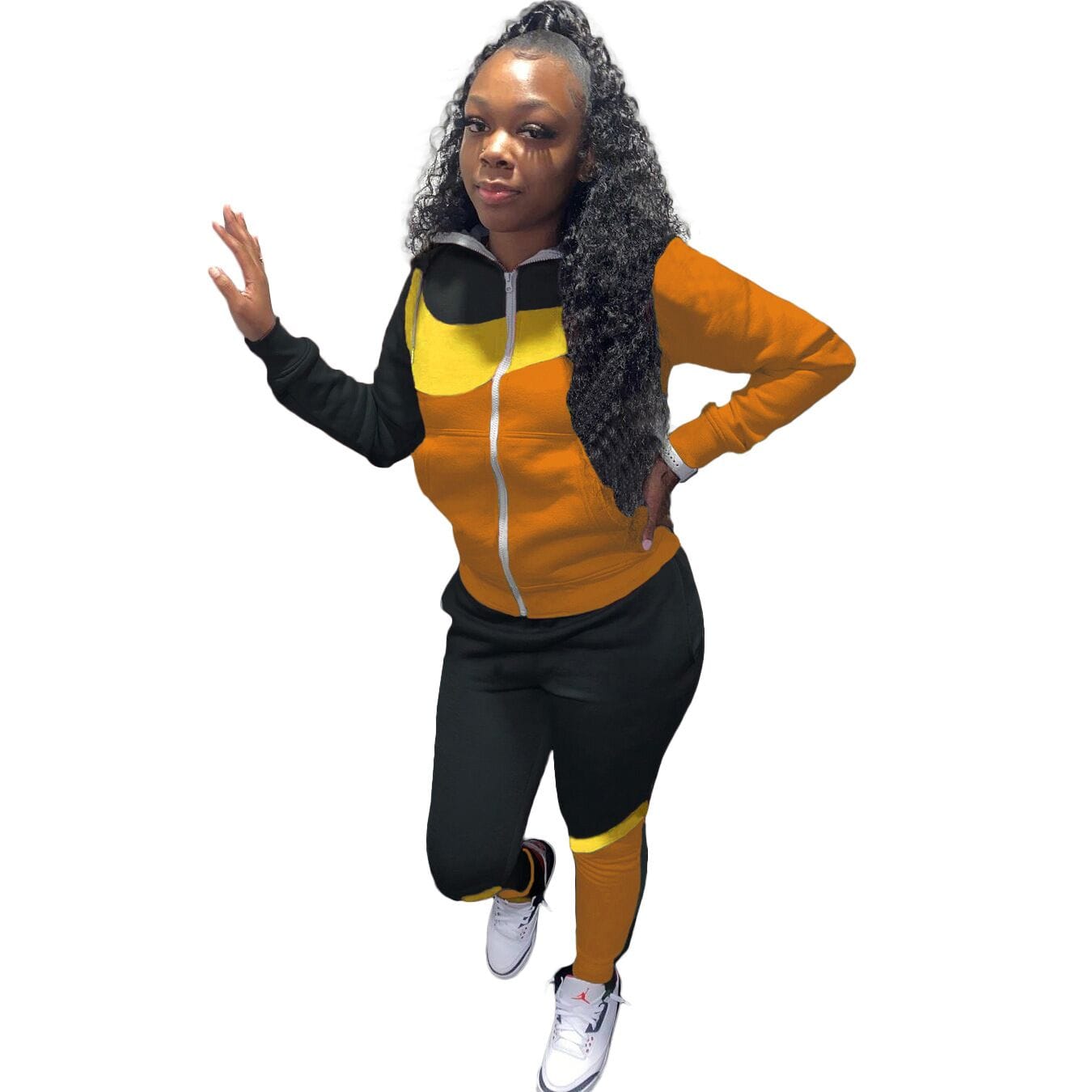 M / Orange Women Fall Fashion Apparel Clothing Hooded collar Solid Color Two Piece Outfits Long Sleeve Sweatsuit Pants Set