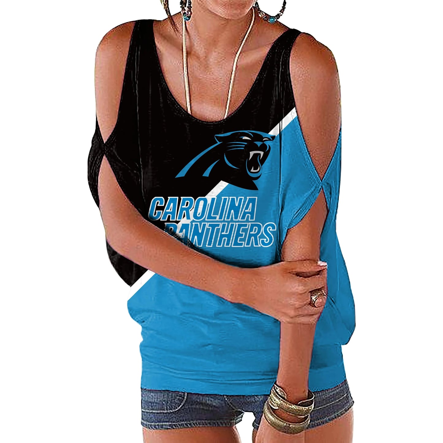 M / panthers custom nfl polyester t shirt girl o neck short sleeve plain shirts ladies off shoulder plus size women's blouses & shirts