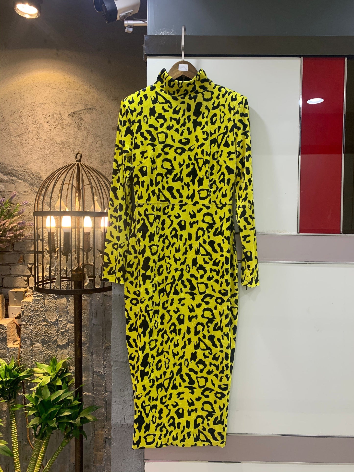 M / Picture color FD2112 New Autumn Fashion Hot Style Elegant High Neck Long Sleeve Leopard Print Velvet Dress