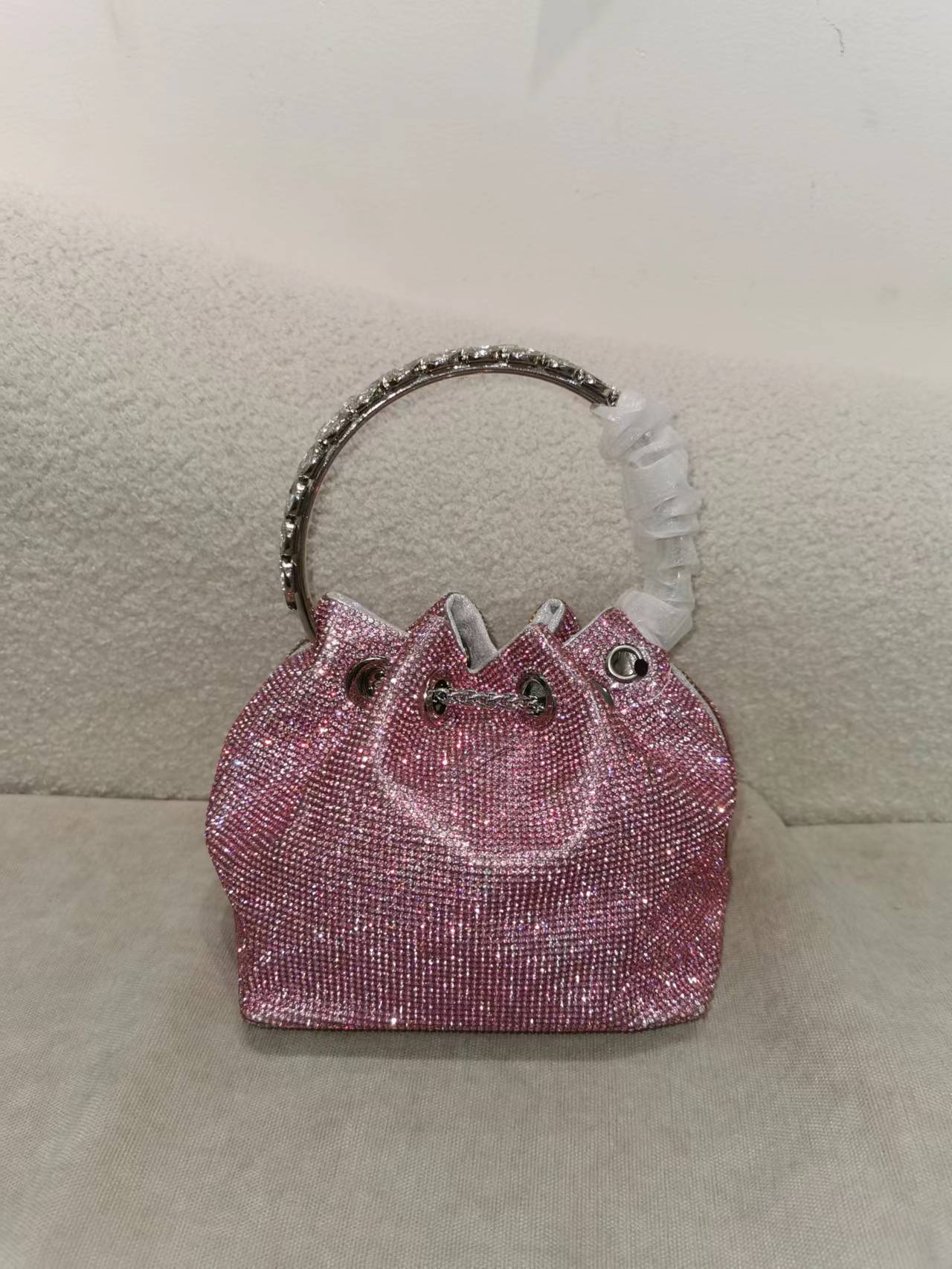 M / Pink 2022 Shenglu Hot Latest Designer Lady Rhinestone Bucket Tassel Handbag Purse Tote Blue Diamond Evening Shoulder Crossbody Bags