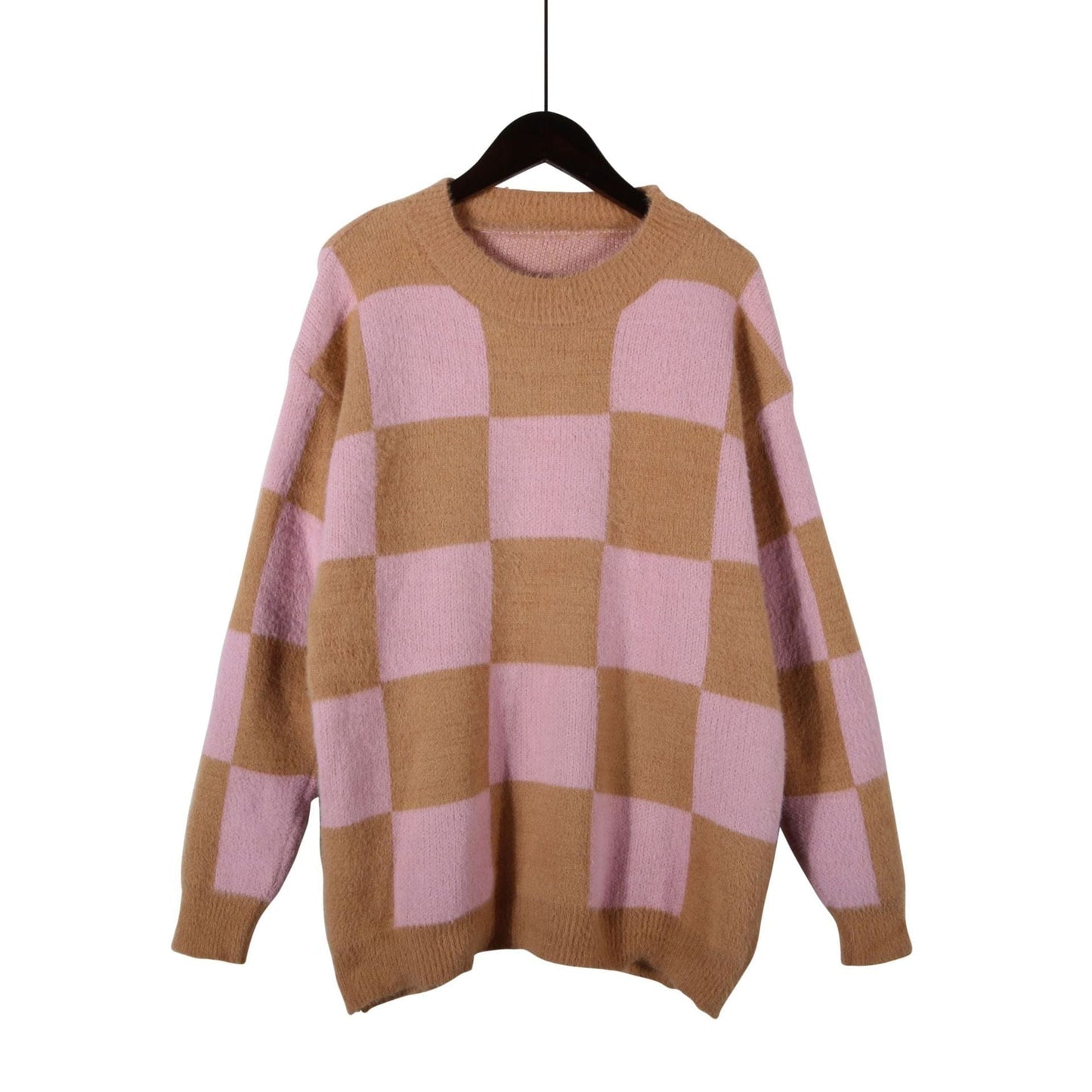 M / Pink Autumn custom plaid patchwork round neck long sleeve loose knit oversized sweater pullover crew neck sweater for ladies