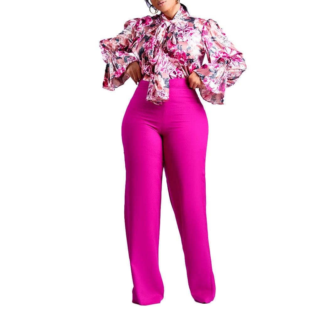 M / Pink C1102ME66 High Quality Casual Floral Print Shirt Office Two Piece Pants Set Women Sehe Fashion