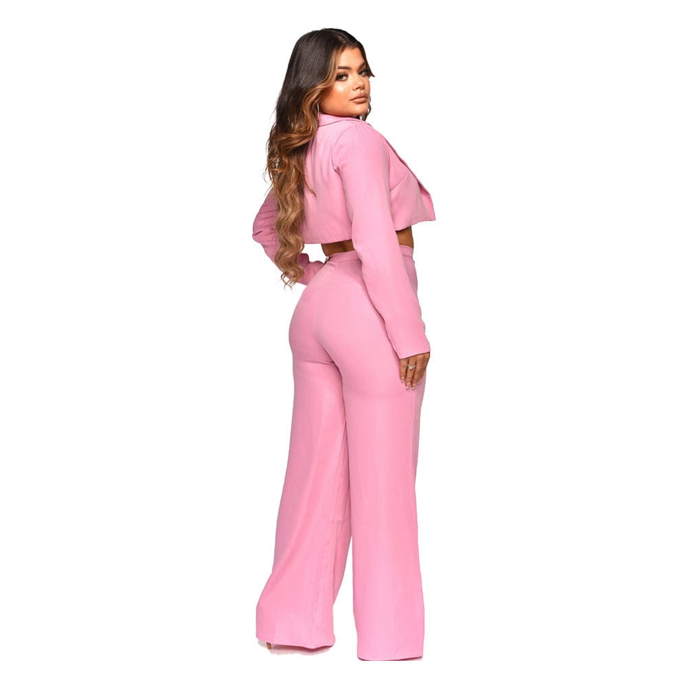 M / Pink C1102TA9 Dropshipping Casual Crop Top Short Coat Wide Leg Three Piece Pants Set Women Sehe Fashion