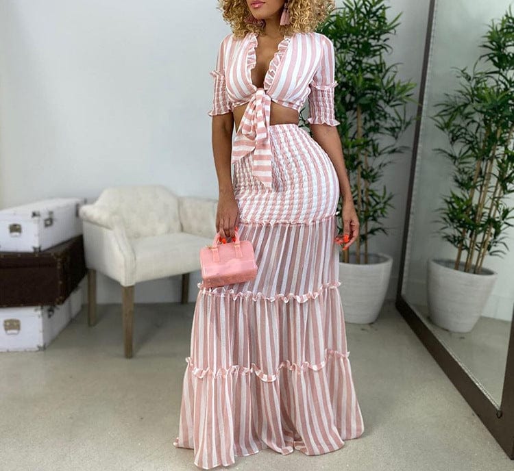M / Pink Caiheng Women's Long Dress With Striped Shirt And Short Sleeves Fashionable Women's Casual Long Sleeve Casual Dresses