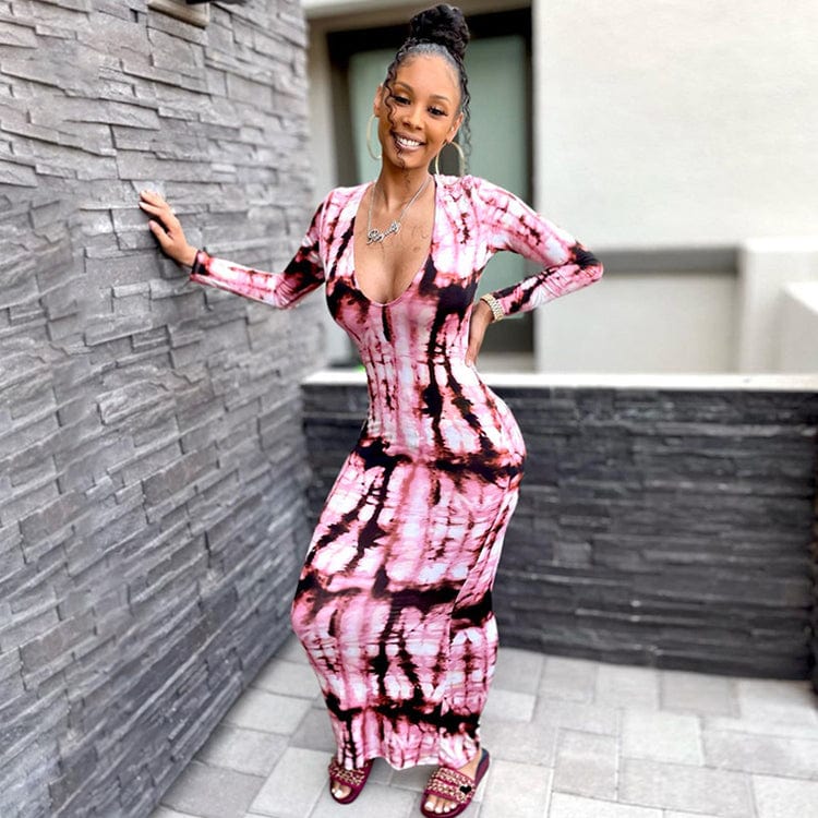 M / Pink Dresses Popular High Quality Spring Autumn Colorful Printed Ladies Party Dresses Long Sleeve Bodycon Casual Maxi Dress for Women