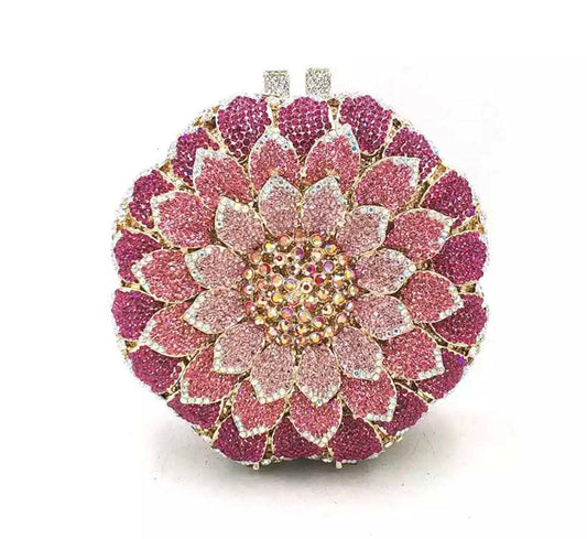 M / Pink Factory wholesales Custom Made Diamond Flower Shape Clutch Women Crystal Hard Metal Bridal Purse And Handbag Wedding