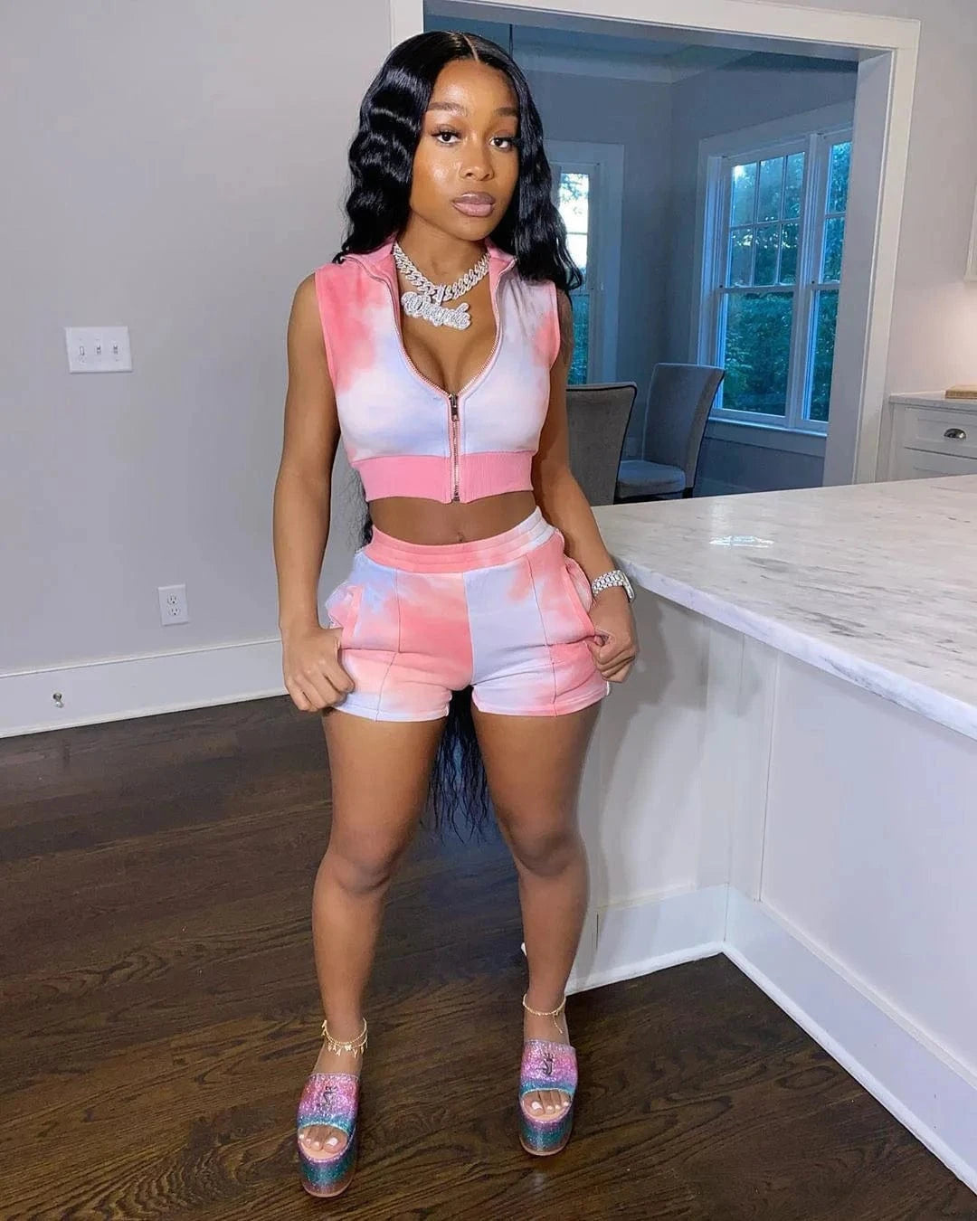 M / Pink Hot Selling Sexy 2 Piece Set Women Clothing Tie-dyed Outfits Zipper Two Piece Short Pants for Ladies