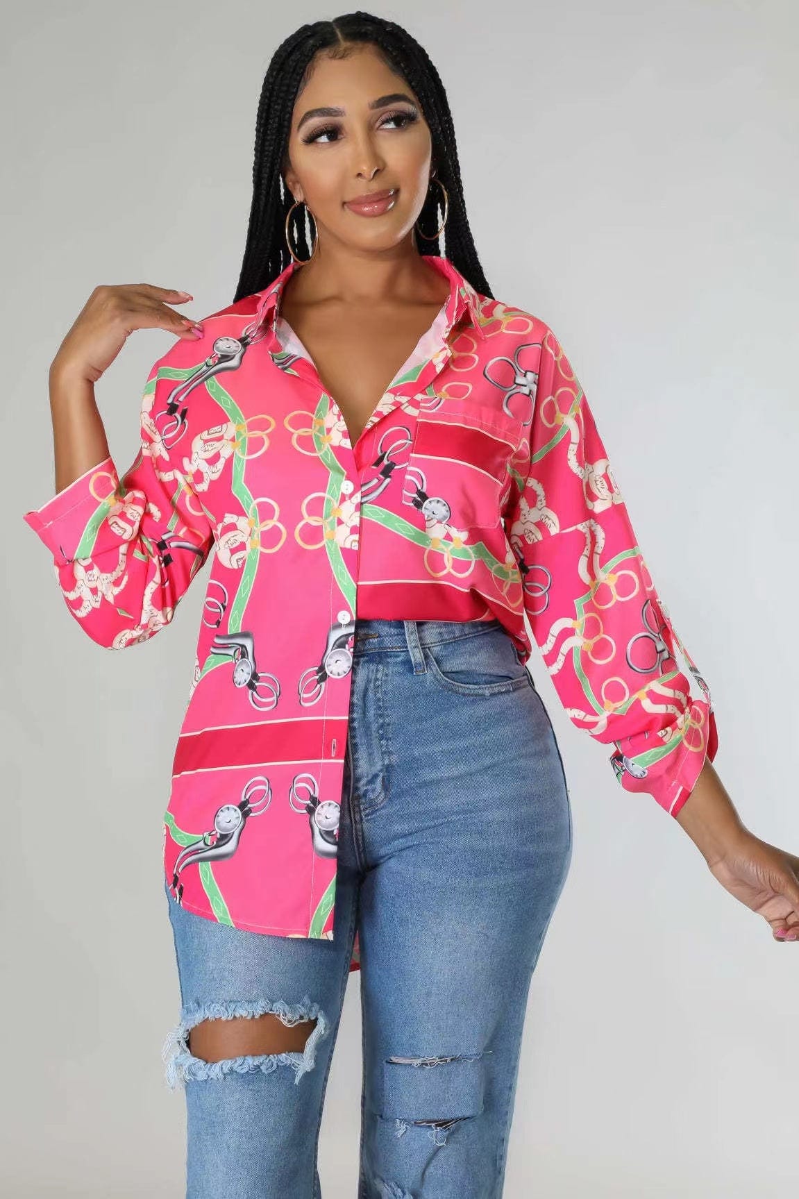 M / Pink J&H 2023 new arrivals elegance women's blouses shirts long sleeve designer printed chic causal tops autumn clothes