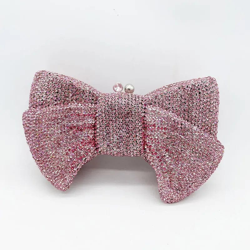 M / Pink Luxury Women Bow Clutch Crystal Evening Bags Hard Case Metal Minaudiere Rhinestone Handbags Wedding Party Purse