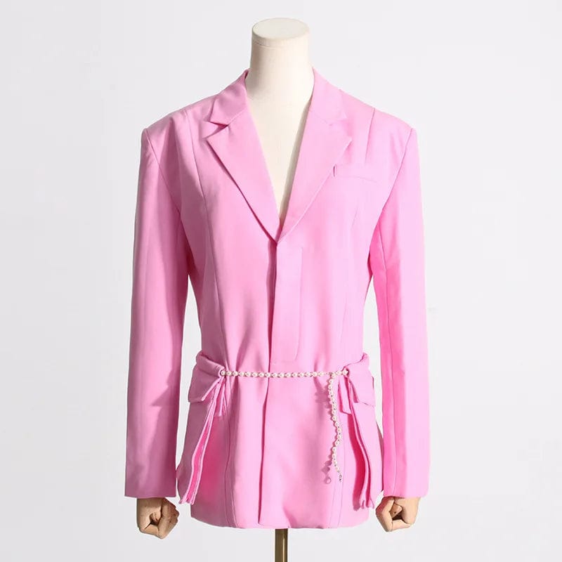 M / Pink OUDINA Wholesale New Fashion Design Loose Silhouette Women's Jackets Belted Waist Suit Blazer Woman