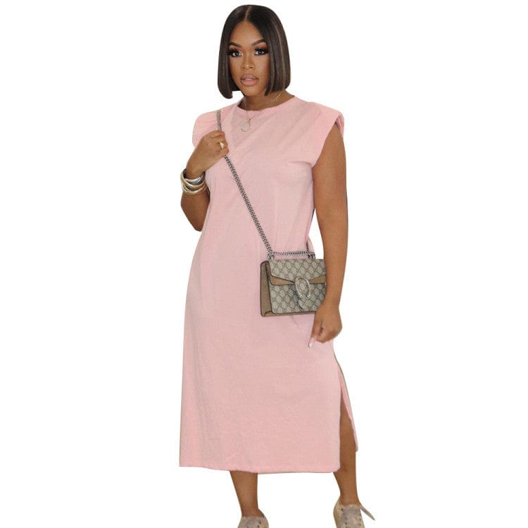 M / Pink Popular Products Fashion Solid Color Slit Long Dresses Women Casual Round Neck Sleeveless Loose Simple Summer Dress