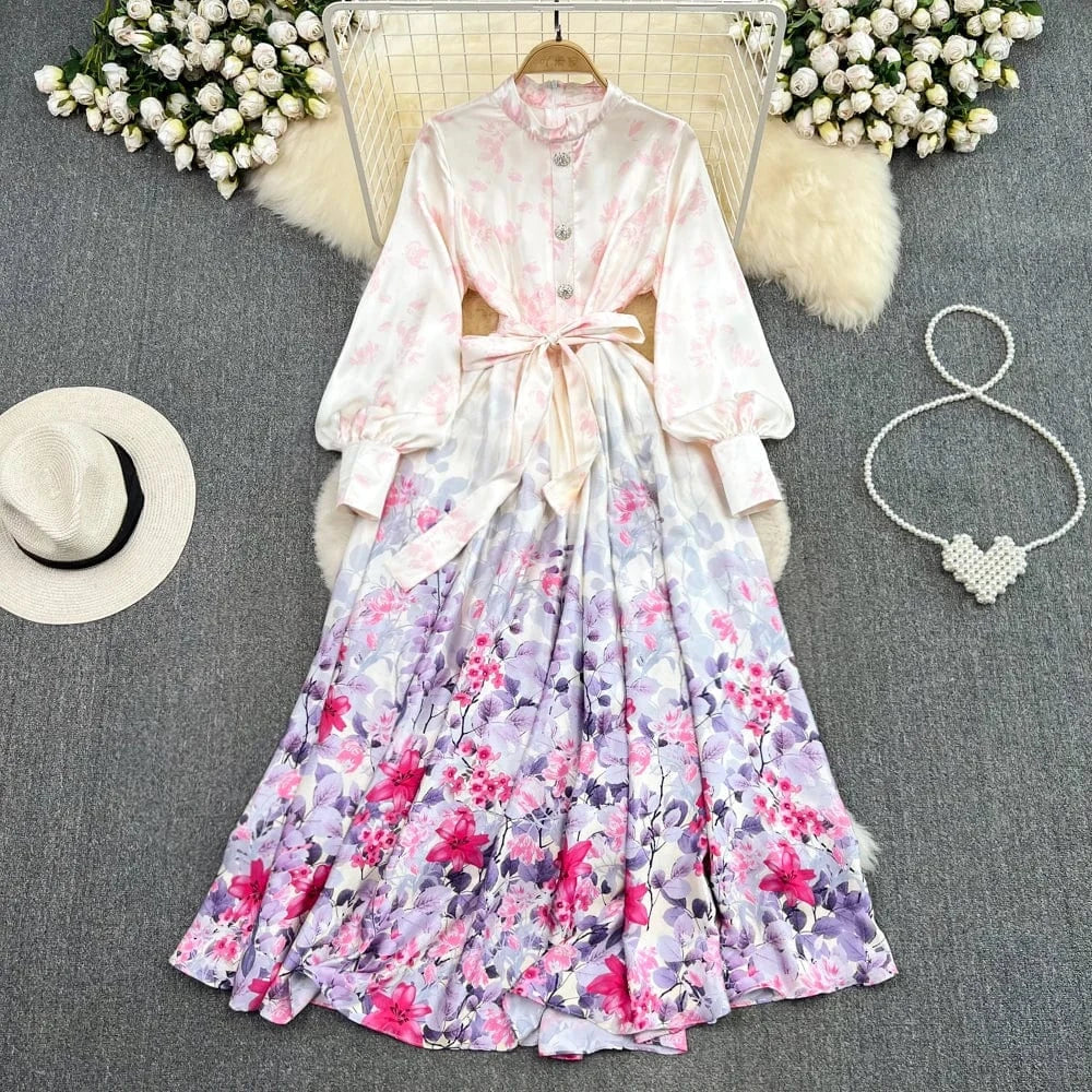 M / Pink Purple New 2024 Korean Chic Long Sleeve Sweet Floral Print Dress Women Casual Dresses Clothing