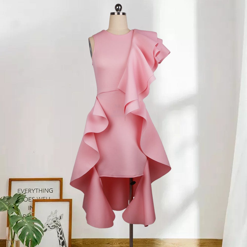 M / Pink Ropa De Mujer Vestidos Fiesta dress women Round neck irregular ruffled high waist plus size slim sexy sleeveless dress