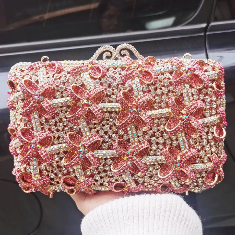 M / Pink Wholesales Elegant Luxury Crystal Small Bow Flower Clutch Bag Wedding Purse Women Rhinestone Party Handbag