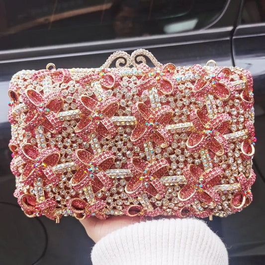M / Pink Wholesales Elegant Luxury Crystal Small Bow Flower Clutch Bag Wedding Purse Women Rhinestone Party Handbag