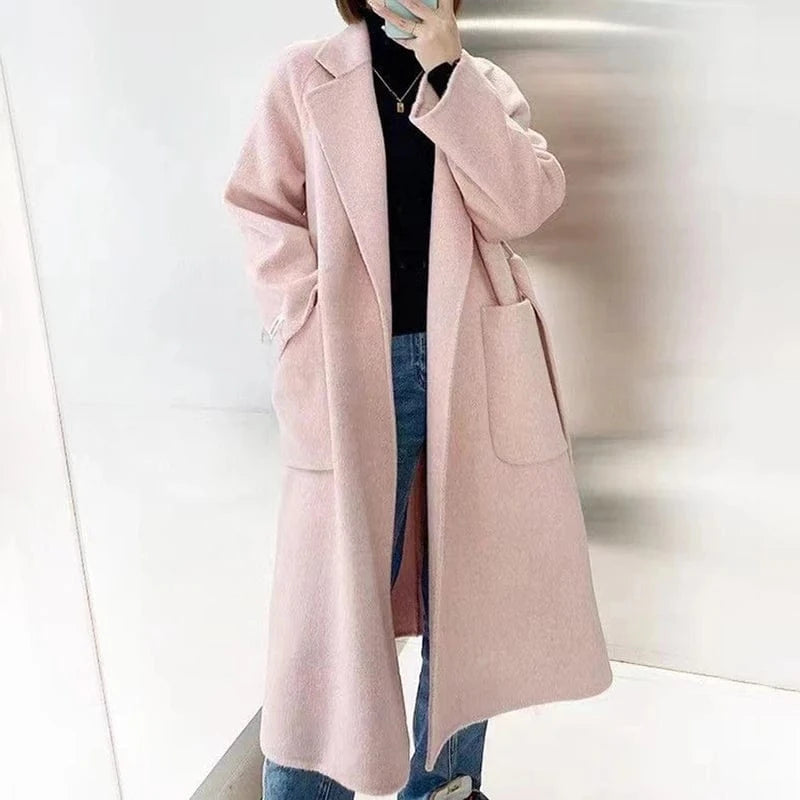 M / Pink Winter Oversized Long Wool Coat Women Pink Double Faced Cashmere Coat with Belt