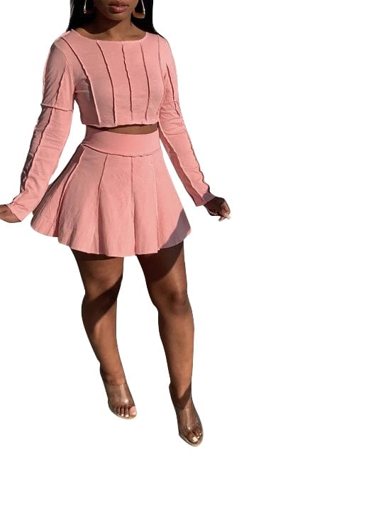 M / Pink Womens Fall Fashion 2022 Autumn Women's Wear Solid Color Long Sleeve Pleated Skirt Set