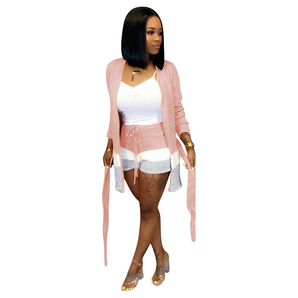 M / Pink Womens Sets Sweater Two Piece Short Pants Set Casual Three Tone Stripe Print Belted 2pc Outfits with Long Sleeve Cardigan