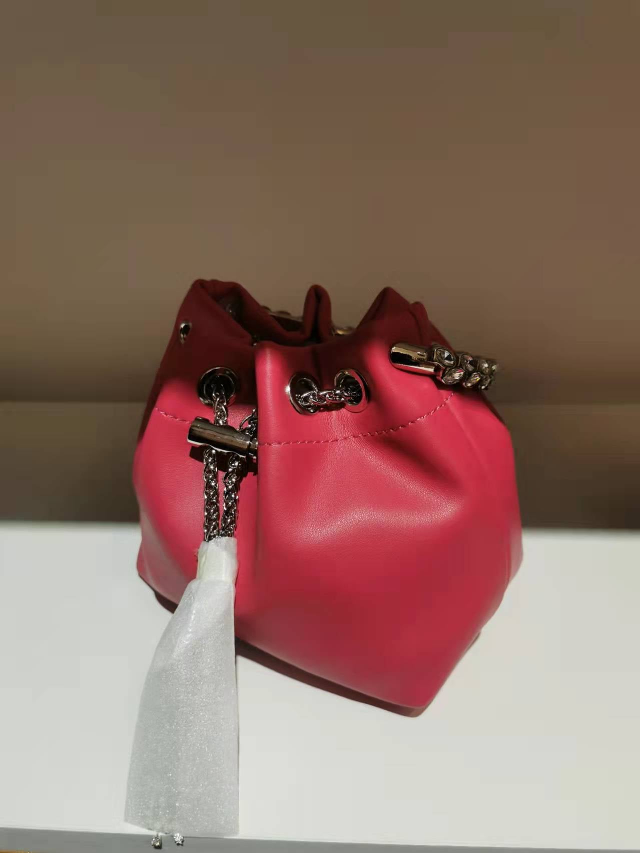 M / PU Rose Pink 2022 Shenglu Real Factory Luxury Silk Bucket Rhinestone Purse Metal Handle New Lady Tote Fashion Handbags Shoulder Crossbody Bag