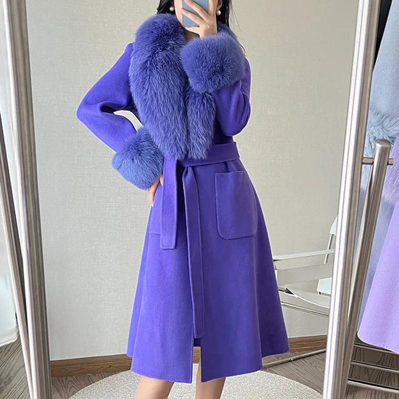 M / Purple Detachable Fox Fur Collar Cuffs Cashmere Coat Women Elegant Long Wool Coat with Belt