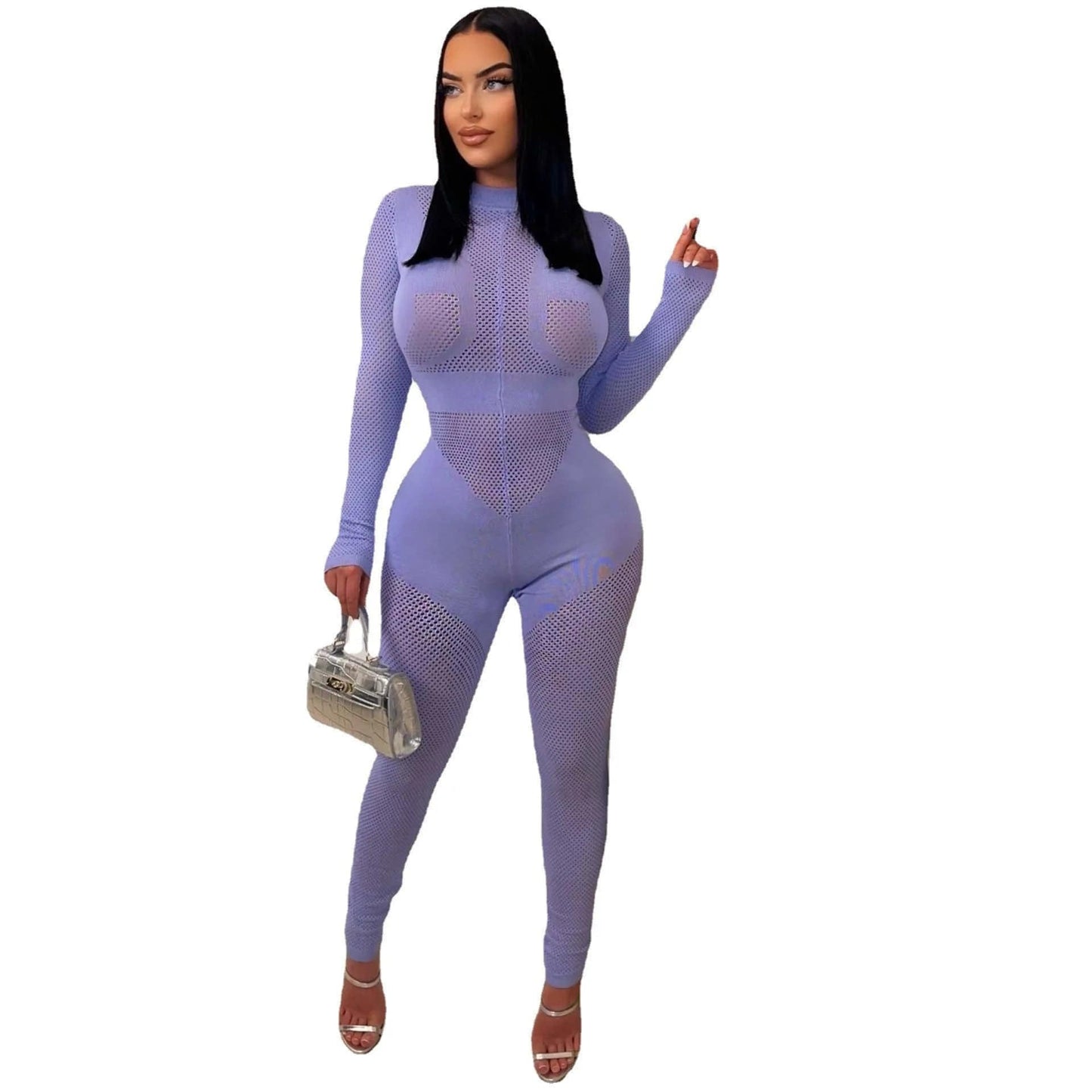 M / Purple Fall Winter Clothing 2023 New Arrivals Women Birthday Jumpsuit Tight Fitting See Through Sexy Long Sleeve Knit Sweater Jumpsuit
