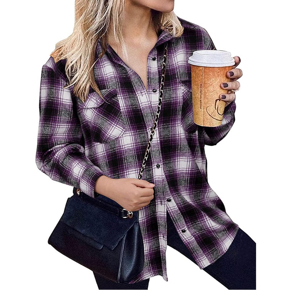M / Purple New Trend 2022 Yarn Dyed Plaid Loose Casual Jacket Patchwork Design Oversize Jacket Polyester Turn Down Collar Coat For Women