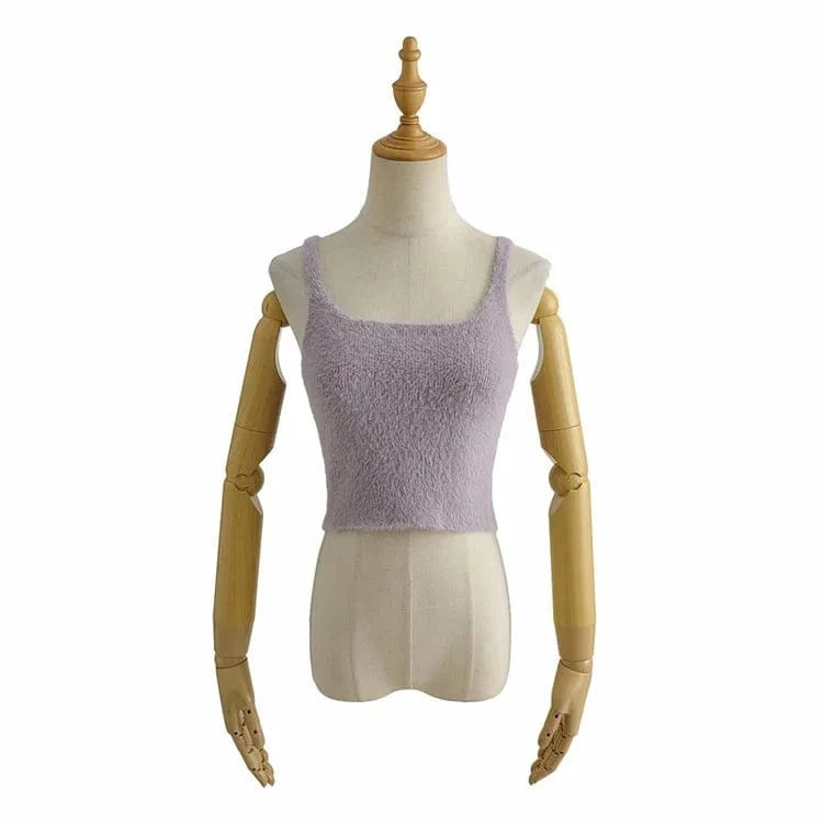 M / Purple Summer High Quality Crew Neck Pure Candy Color Y2K Plush Knitted Sleeveless Crop Women Tank Tops