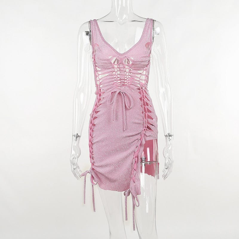M / QWDS44 pink Bomblook QWDS44 Hollow Out Slip Womens Dresses Sexy Night Club Style Lace Up Split Hip Wrap Dress 2022