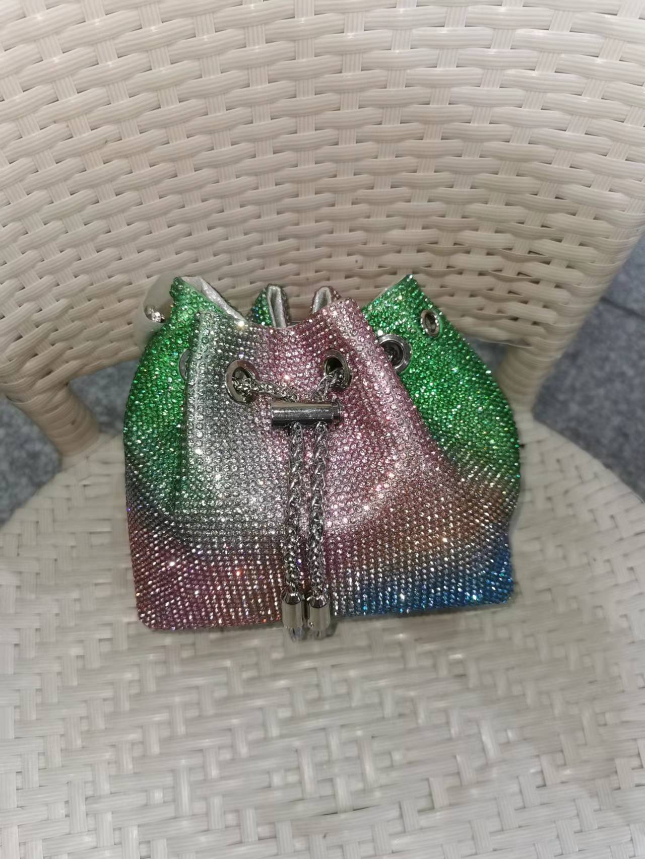 M / rainbow B 2022 Shenglu New Fashion Women Rhinestone Bucket Tassel Handbag Purse Tote Diamond Wedding Evening Shoulder Crossbody Bags