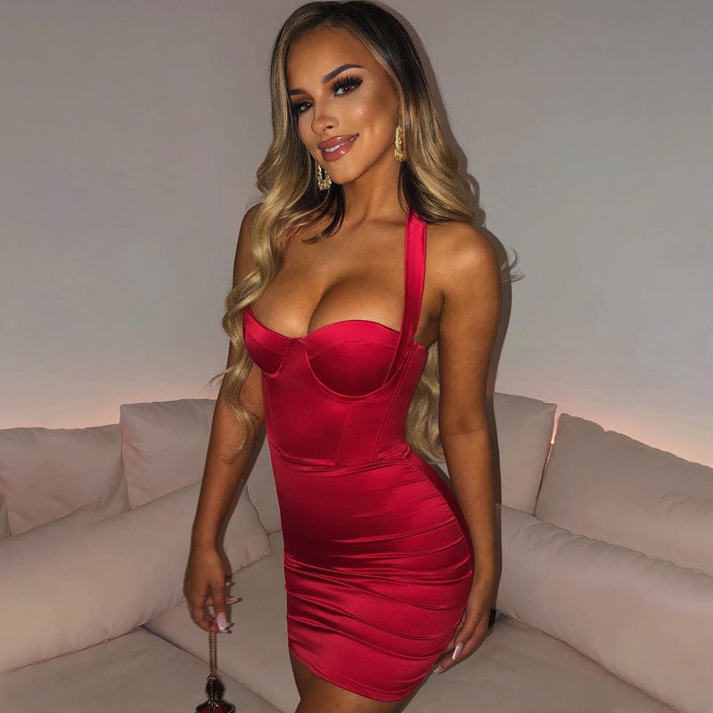 M / Red 2022 New sexy halter slim bodycon dresses solid color backless mini skirt skinny sheath party dress