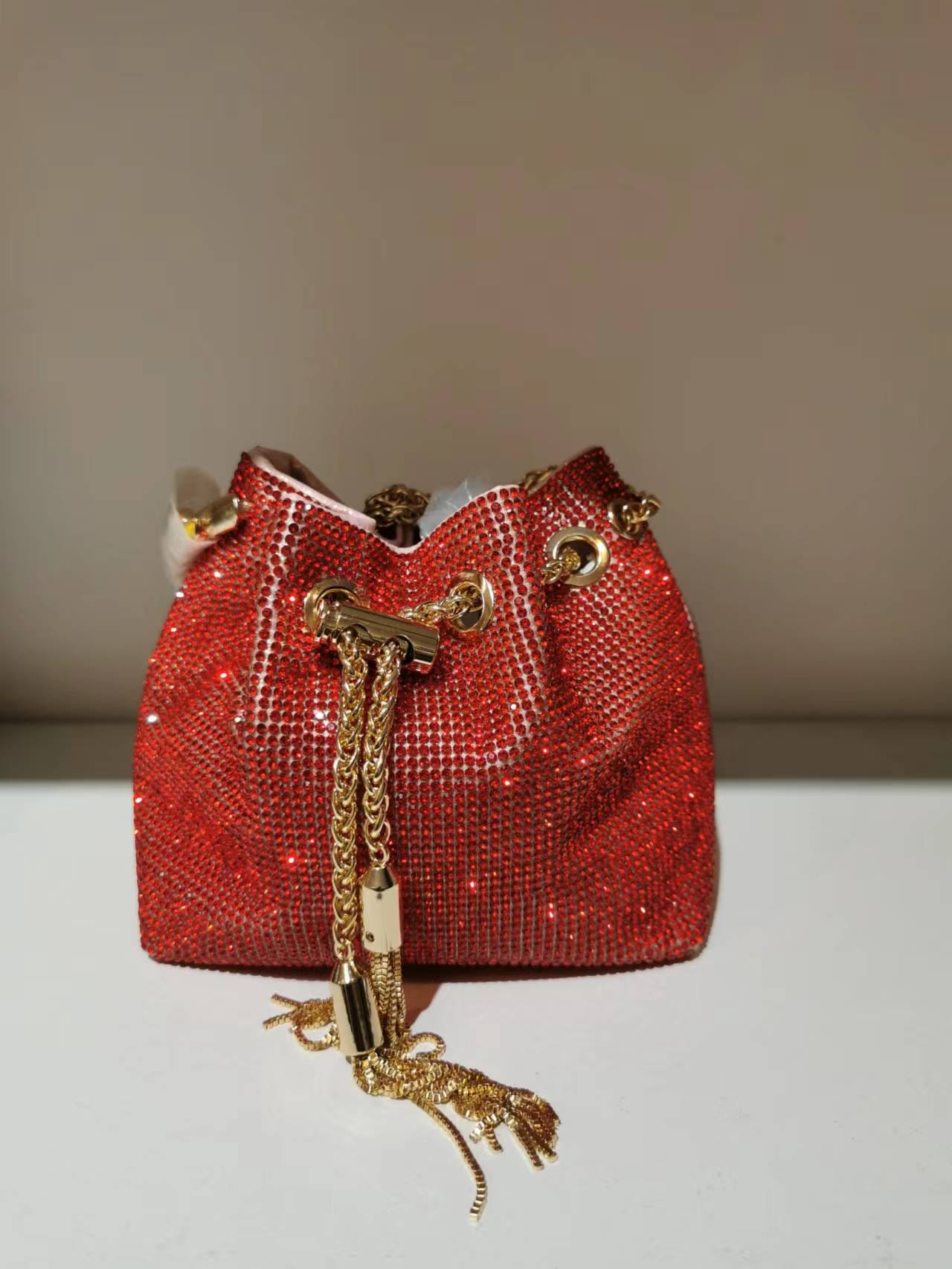 M / Red 2022 Shenglu Hot Latest Designer Lady Rhinestone Bucket Tassel Handbag Purse Tote Blue Diamond Evening Shoulder Crossbody Bags