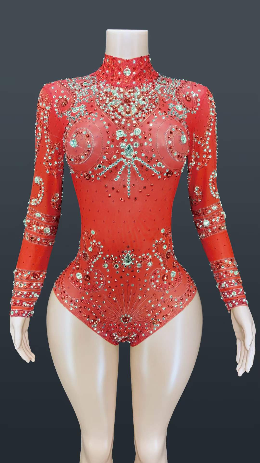 M / Red AD1157 Women'S Sexy Crystal Mesh Bodysuit Jumpsuit Stage Costume Nightclub Performance Female Party Wears