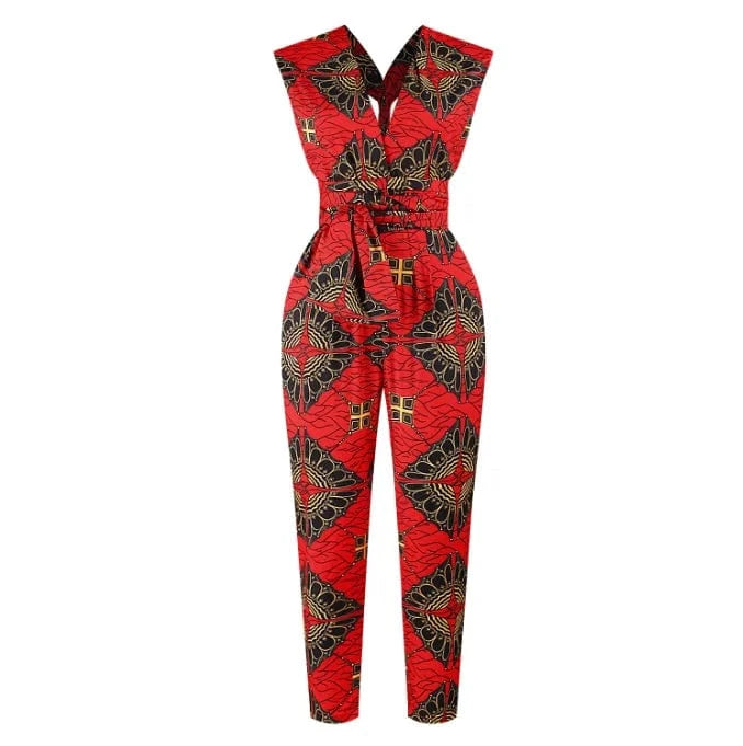 M / Red Hot Selling Casual Wear African Style Digital Print DIY Ribbon Women Jumpsuit