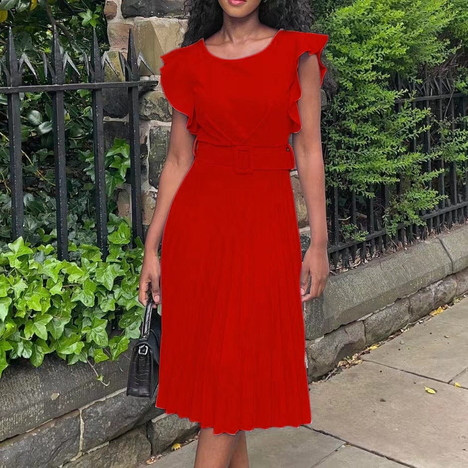 M / Red J&H new arrivals 2023 solid color pleat casual dress women elegance ruffled plain dress with belt fashionable plus size dress