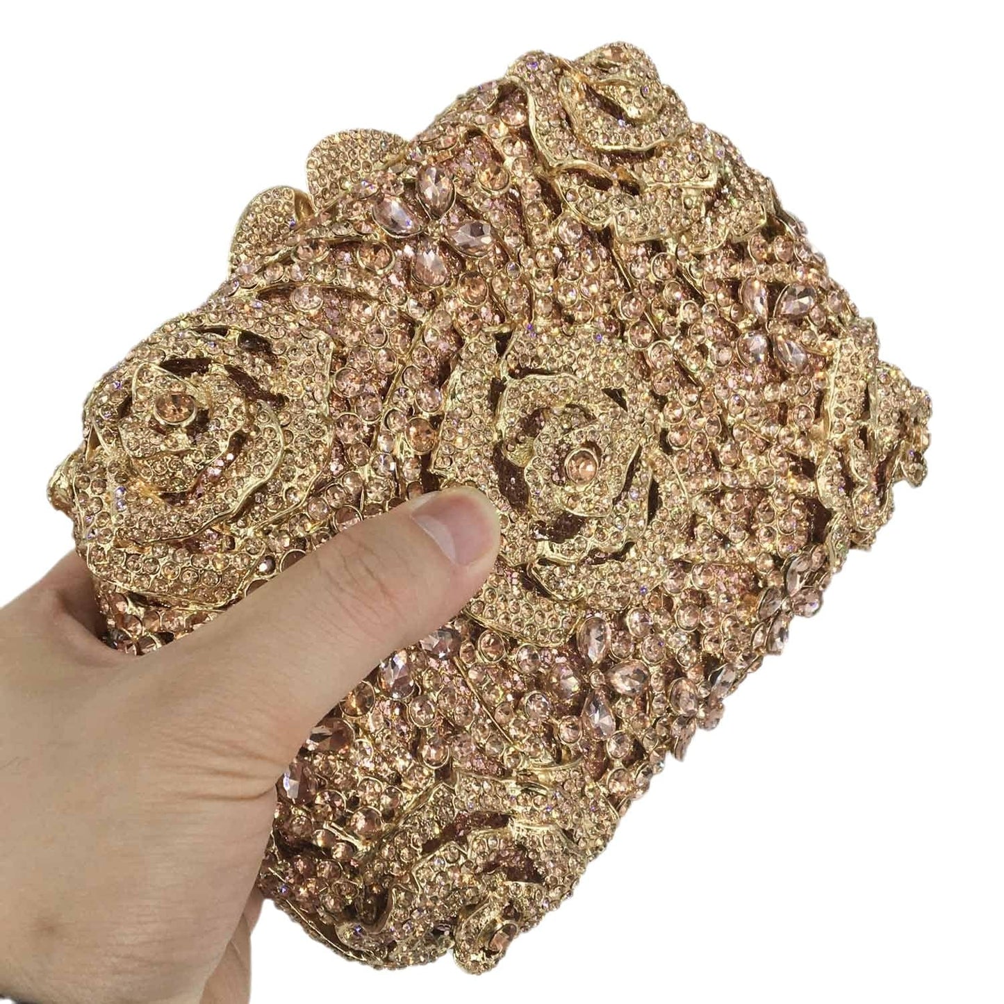 M / Rose Gold Flower Clutch Women Evening Bags Wedding Bridal Rose Handbags Party Dinner Rhinestone Handbag Purse