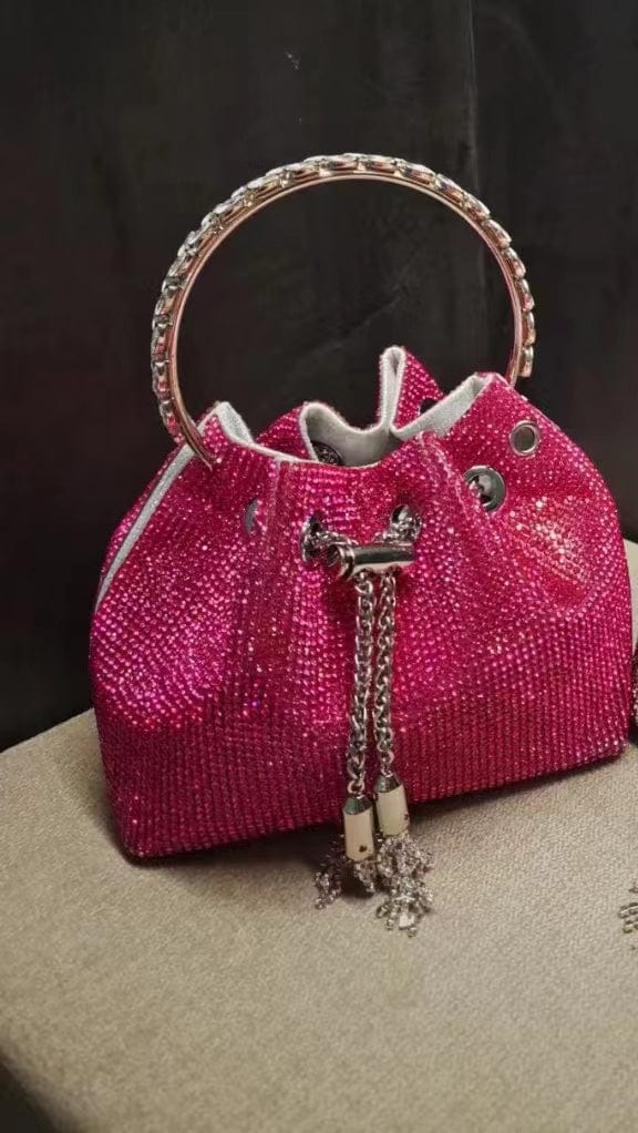 M / rose red 2022 Shenglu Hot Latest Designer Lady Rhinestone Bucket Tassel Handbag Purse Tote Blue Diamond Evening Shoulder Crossbody Bags