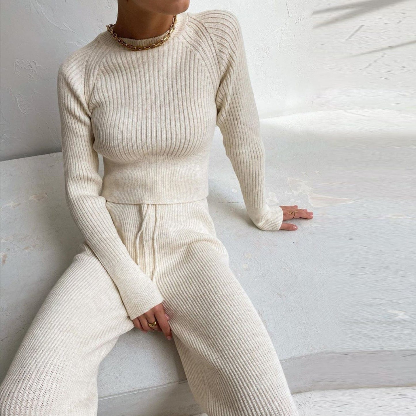 M / sand white 2022 casual fashion women's solid color cardigan long-sleeved knitted trousers sweater two-piece suit