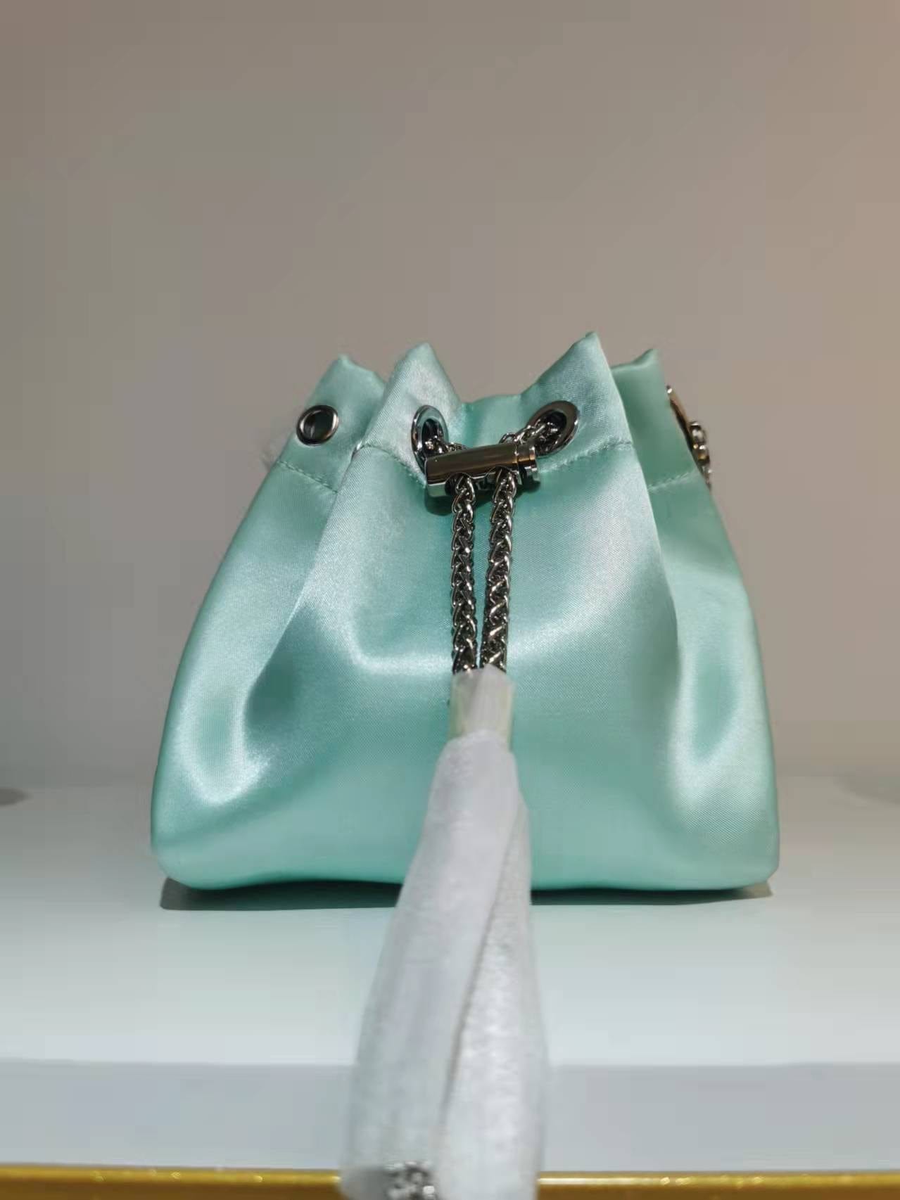 M / Silk Light Green 2022 Shenglu Real Factory Luxury Silk Bucket Rhinestone Purse Metal Handle New Lady Tote Fashion Handbags Shoulder Crossbody Bag