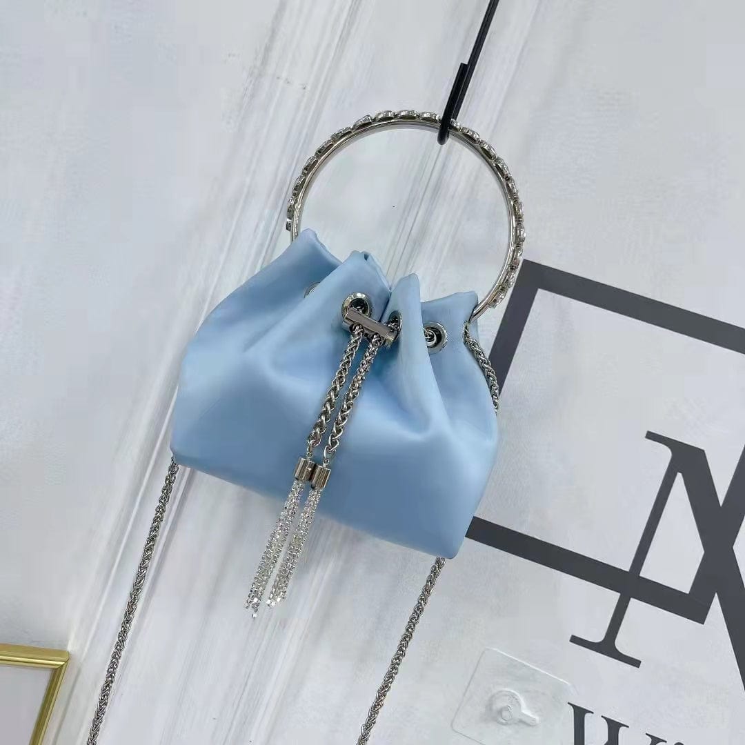 M / Silk Sky Blue 2022 Shenglu Real Factory Luxury Silk Bucket Rhinestone Purse Metal Handle New Lady Tote Fashion Handbags Shoulder Crossbody Bag