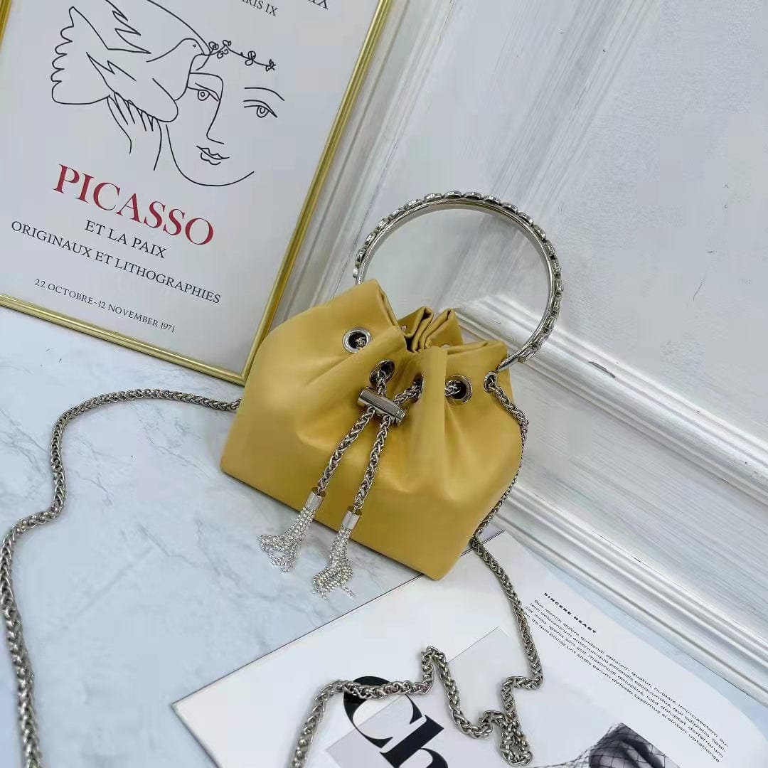M / Silk Yellow 2022 Shenglu Real Factory Luxury Silk Bucket Rhinestone Purse Metal Handle New Lady Tote Fashion Handbags Shoulder Crossbody Bag